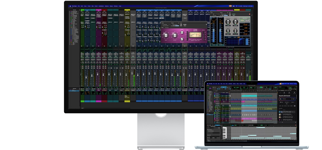 Демонстрація сеансу в Pro Tools з інтеграцією Splice на Studio Display та ноутбуці Mac, скло з нанотекстурою допомагає зменшити відблиски на темному екрані додатка