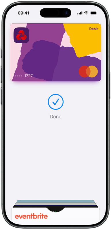 iPhone screen shows virtual NatWest card above a tick with text: Done, card design is a patchwork of colours, NatWest logo in top left, Mastercard logo bottom right