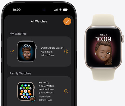 iPhone 18 Pro, Watch app, paired Apple Watch SE 3, aluminium case, starlight colour, Memoji face, Sport Band, sand colour (pale tan)