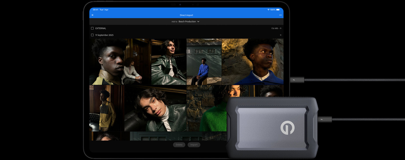 iPad Pro, front exterior, landscape orientation, space black colour, connected with a cable to a USB‑C external hard drive, display showing photos of models being imported to a folder called Campaign Shoot