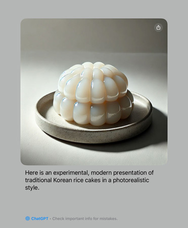 Picture of an experimental depiction of a traditional Korean rice cake with an explanation of the photo's characteristics generated by Apple Intelligence with ChatGPT integration