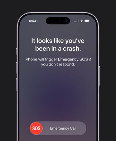 iPhone 17, front exterior, rounded corners, Crash Detection feature in use