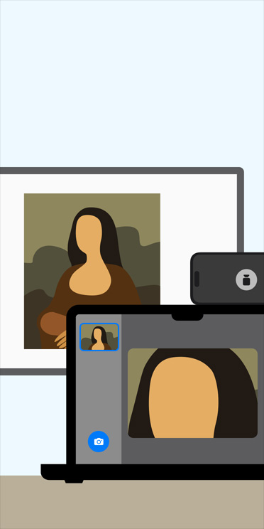 Animated illustration of Magnifier app on MacBook screen zooming in on image of Mona Lisa shown on classroom whiteboard