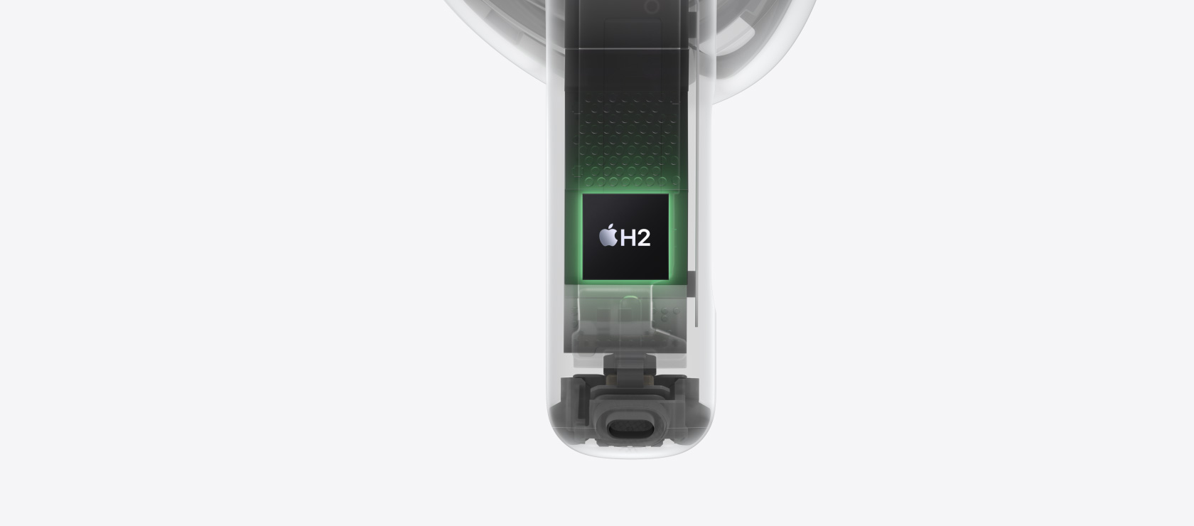 Architettura interna degli AirPods 5; il chip H2 è evidenziato all’interno dello stelo.