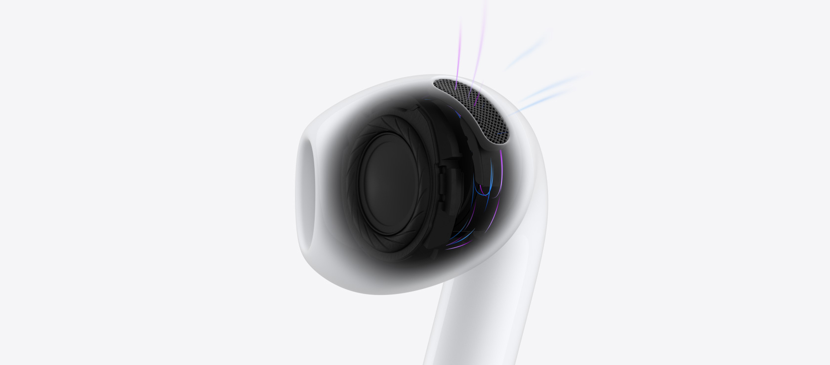 Architettura interna di un paio di AirPods 5, con linee blu a indicare l’aria e il suono che entrano nell’auricolare.