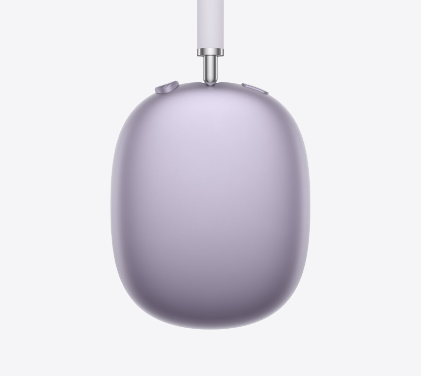 AirPods Max 2 headphones, side exterior, purple color, detail of telescoping arm, ear cushion, Digital Crown and noise control button