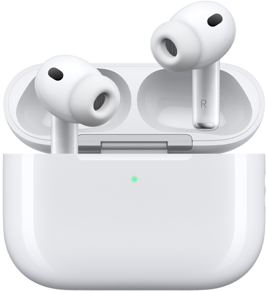 Slušalice AirPods Pro 3 i kutijica za punjenje MagSafe (USB‑C), zaobljeni vanjski izgled kutijice, LED indikator napajanja, otvoren poklopac kutijice, bijela boja, bežične slušalice sa silikonskim kapicama, na unutarnjim stranama stapki nalazi se slovo L i slovo R