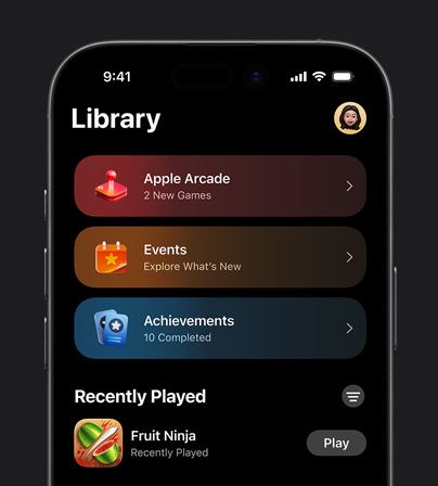 Image of the Library tab in Apple Games displayed on iPhone 17 Pro