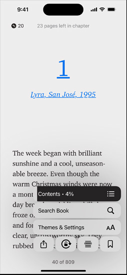 iPhone screen displaying a book page in the Books app. Overlaid on the book page, options for enlarging text, Search Book, and Themes & Settings on the screen are shown