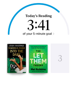 iPhone screen showing the Reading Goals interface in the Books app. At the top, there is a progress ring for a reading goal. Below the progress ring are three book covers. Beneath the book covers is text that one more book is needed to reach the 2024 goal of reading eight books.