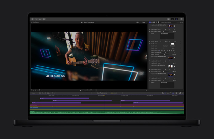 Ein 16 Zoll MacBook Pro Bildschirm mit Final Cut Pro zeigt einen Monarchfalter, der durch ein Feld fliegt, lila Blumen und Bäume im Hintergrund