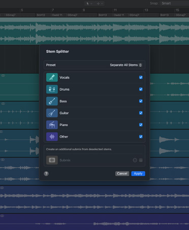 Logic Pro Oberfläche, Komponententrennung mit Optionen für Gesang, Bass, Schlagzeug, Gitarre, Klavier und andere