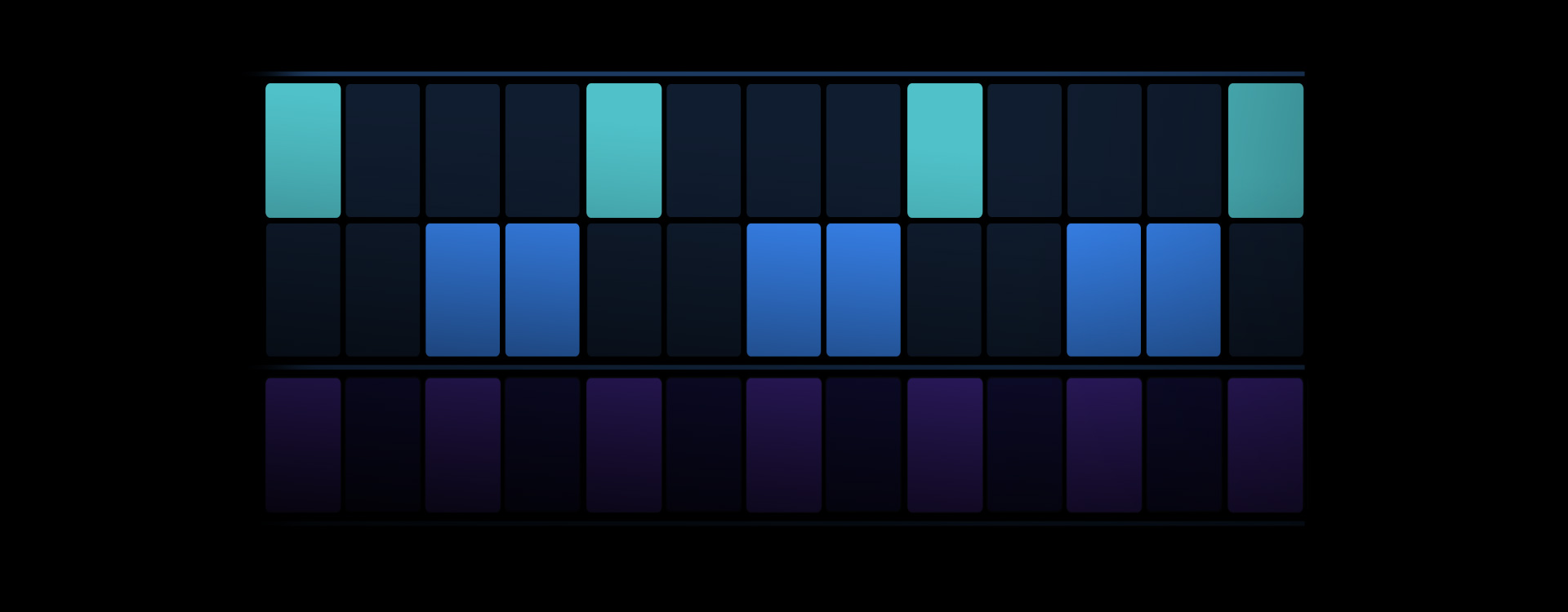 Logic Pro Bildschirm, Oberfläche zum Sequenzieren von Beats mit Tasten in Türkis, Marineblau und Violett