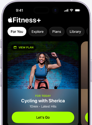 Apple Fitness+ app on an iPhone showing the For You tab screen, featuring a recommended Cycling workout