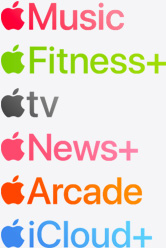 Apple Music, Apple Fitness+, Apple TV, Apple News+, Apple Arcade, and iCloud+ app icons