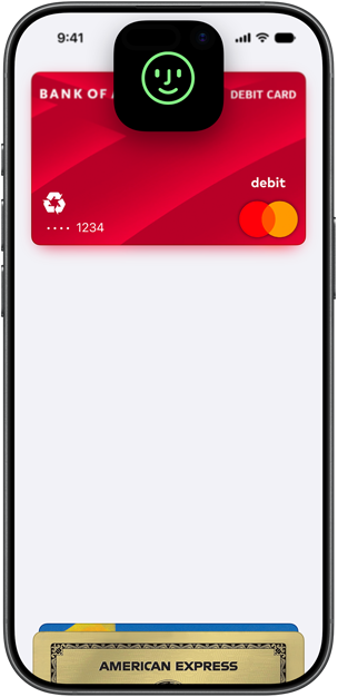 iPhone tapping a contactless reader, front, displaying a Face ID symbol, and a Bank of America debit card