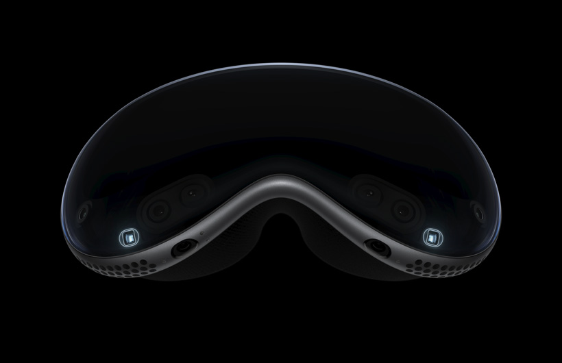Technical, exploded view inside Apple Vision Pro highlighting the infrared flood illuminators