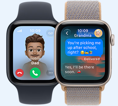 Apple Watch SE 3-enheter, skärmarna visar inkommande samtal från pappa, Meddelanden med mormor, armband: sportband i svart, sportloop i chambrayblå (ljust blågrå)