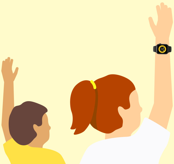 Illustration av ett barn med en Apple Watch SE 3 som räcker upp handen i skolan