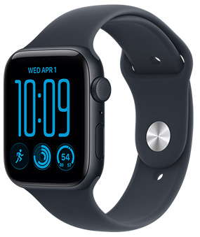 Apple Watch SE 3, aluminiumboett i färgen midnatt, höger utsida, Digital Crown, mikrofon, sidoknapp, sportband i svart, silverfärgat stiftspänne