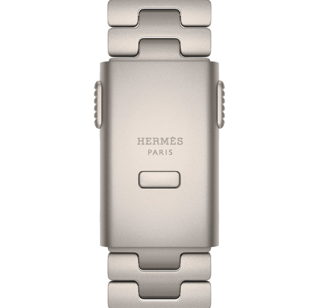 รายละเอียดสายแบบ Grand H Titane สำหรับ Apple Watch Hermès Ultra 4, สี Gris Titane, โลโก้ Hermès สลักบนหัวล็อค