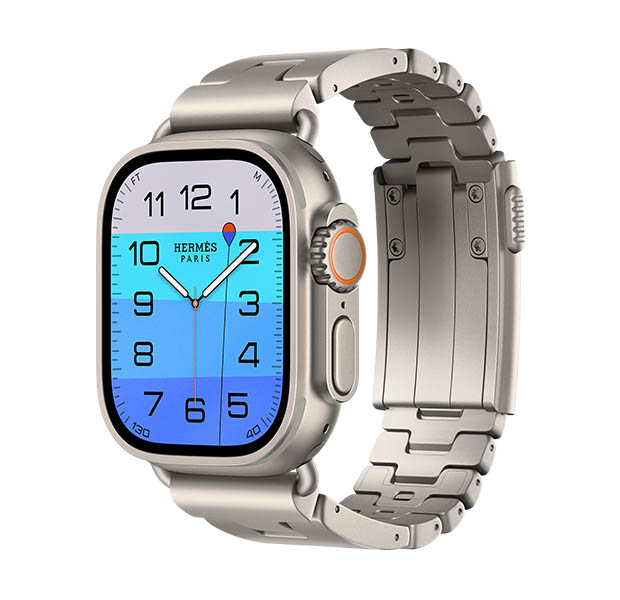 Apple Watch Hermès Ultra 4, หน้าปัดนาฬิกาอนาล็อก Fathom และ Wonder (เข็มชั่วโมง เข็มนาที และเข็มวินาที, กลไกหน้าปัดความลึก, มีนักดำน้ำกำลังดำดิ่งสู่ใต้ทะเลโดยมีสีไล่ระดับจากสีฟ้าอ่อนไปเป็นสีฟ้าเข้ม), ตัวเรือนไทเทเนียม, สีธรรมชาติ, ภายนอกด้านขวา, Digital Crown, ปุ่มด้านข้างที่ยกสูงขึ้น, จับคู่กับสายแบบ Grand H Titane, สี Gris Titane