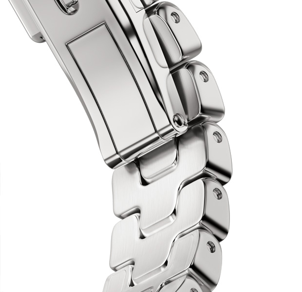 รายละเอียดสายแบบ Grand H สำหรับ Apple Watch Hermès Series 12, สี Satiné, หัวล็อคโลหะที่ปลดออกได้อย่างรวดเร็ว