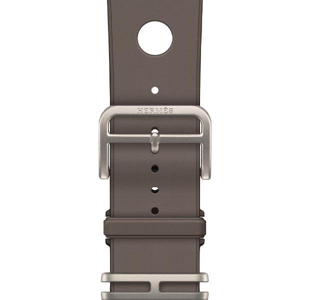 สายแบบ Scub’H Diving สำหรับ Apple Watch Hermès Ultra 4, สี Gris Titane (เทา), รายละเอียดตัวล็อค, วัสดุยางขึ้นรูปที่เรียบเนียน, ช่องเจาะวงกลมตรงกลาง