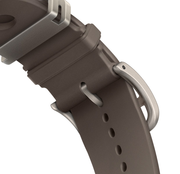 สายแบบ Scub’H Diving สำหรับ Apple Watch Hermès Ultra 4, สี Gris Titane (เทา), รายละเอียดด้านล่างของตัวล็อค, วัสดุยางขึ้นรูปที่เรียบเนียน, ช่องเจาะวงกลมตรงกลาง