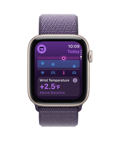 Apple Watch SE 3, aluminum case, starlight color, wrist temperature metrics, right side exterior, Digital Crown, Sport Loop, purple fog color