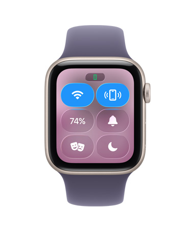 Apple Watch SE 3, aluminum case, starlight color, Control Center, ping iPhone icon, right side exterior, Digital Crown, Sport Band, purple fog color
