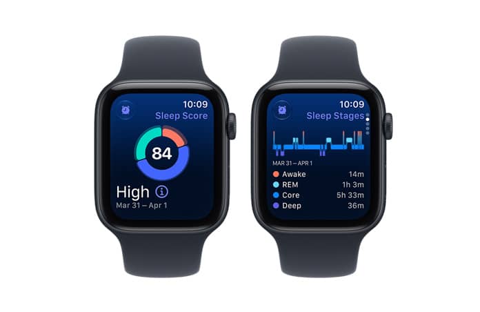 Apple Watch SE 3 devices, aluminum case, midnight colour, screens show sleep score, sleep stages, right side exterior, Digital Crown dials, Sport Bands, navy blue colour