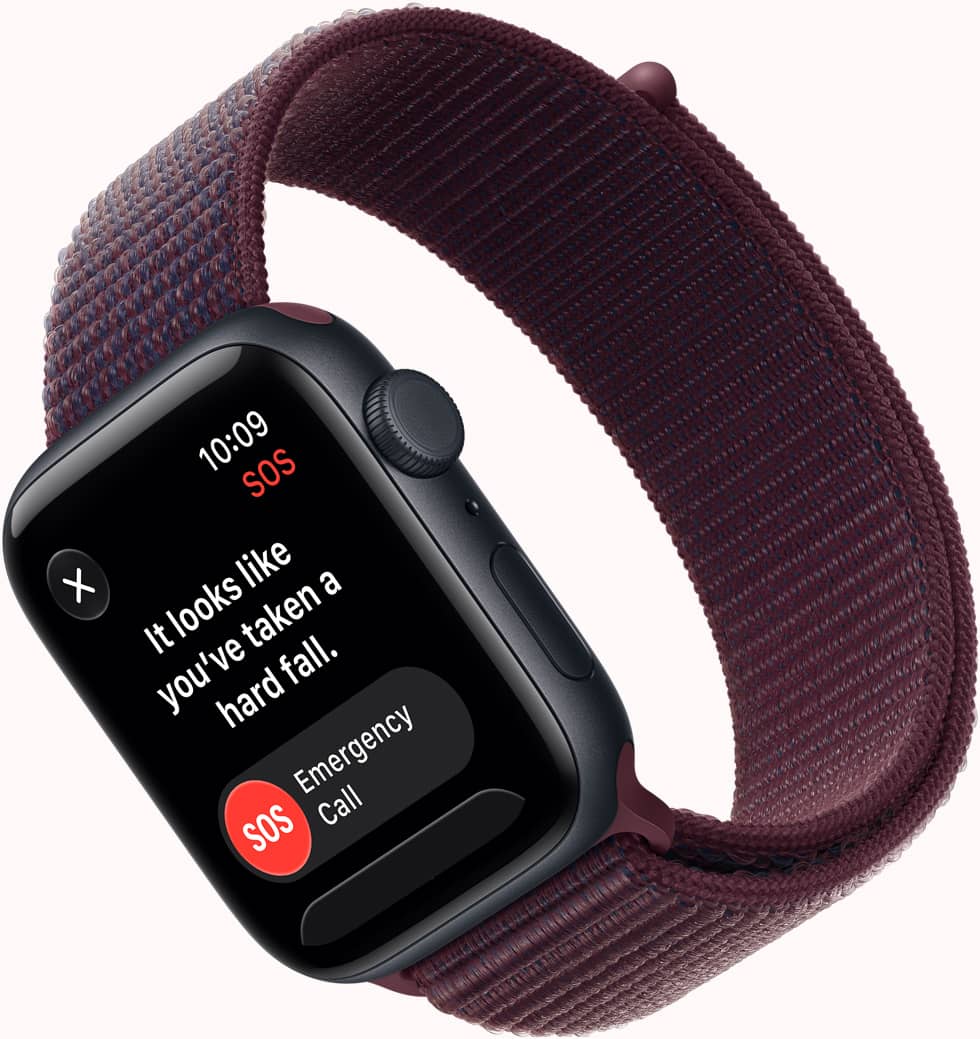 Apple Watch SE 3, aluminum case, midnight colour, connected to Sport Loop band, burgundy colour, screen shows SOS Fall Detection notification, emergency call button