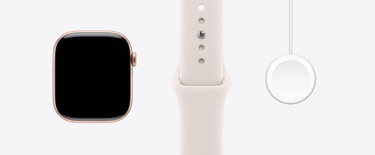 Apple Watch Series 11,  aluminum case, rose gold color, front exterior, edge-to-edge display, light blush Sport Band, Apple Watch Magnetic Fast Charger to USB-C Cable
