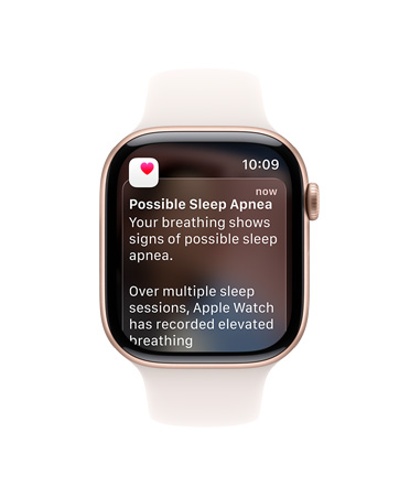 Apple Watch Series 11, rose gold color, aluminum case, expanded sleep apnea notification, right side exterior, Digital Crown, Sport Band, light blush color