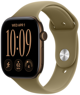Apple Watch Series 12, Aluminiumgehäuse, Farbe Dunkelbronze, Modular Zifferblatt, Komplikationen: Tag und Datum, Trainings, Herzfrequenz, Tagesform, rechte Seitenansicht, Digital Crown, Seitentaste, Sportarmband, Farbe Oliv