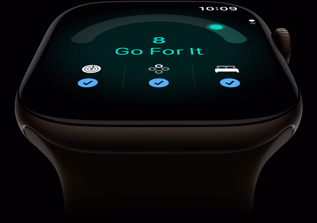 Apple Watch Series 12, Aluminiumgehäuse, Farbe Dunkelbronze, Tagesformwert 8, rechte Seitenansicht, Digital Crown, Sportarmband, Farbe Oliv