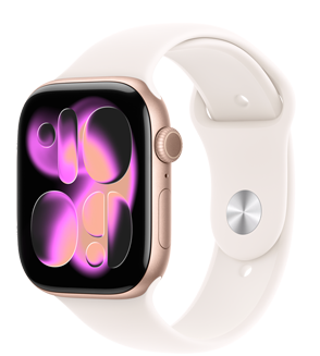 Apple Watch Series 11, rose gold color, aluminum case, Responsive Art watch face, right side exterior, Digital Crown, microphone, side button, Sport Band, light blush color