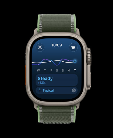 Apple Watch Ultra 3, natural color, titanium case, training load line graph and calendar, band, Trail Loop, green/neon color