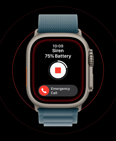 Apple Watch Ultra 3, natural color, titanium case, activated Siren screen, stop and SOS Emergency Call buttons, band, anchor blue Alpine Loop