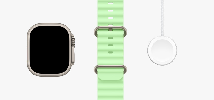 Apple Watch Ultra 3, natural titanium color case, edge-to-edge display, neon green Ocean Band, Apple Watch Magnetic Fast Charger to USB-C Cable