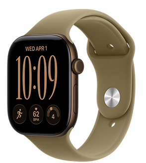 Apple Watch Series 12, Aluminiumgehäuse, Farbe Dunkelbronze, Modular Kompakt Zifferblatt, Komplikationen: Tag und Datum, Lauftraining, Herzfrequenz, Tagesform, rechte Seitenansicht, Digital Crown, Seitentaste, Sportarmband, Farbe Oliv