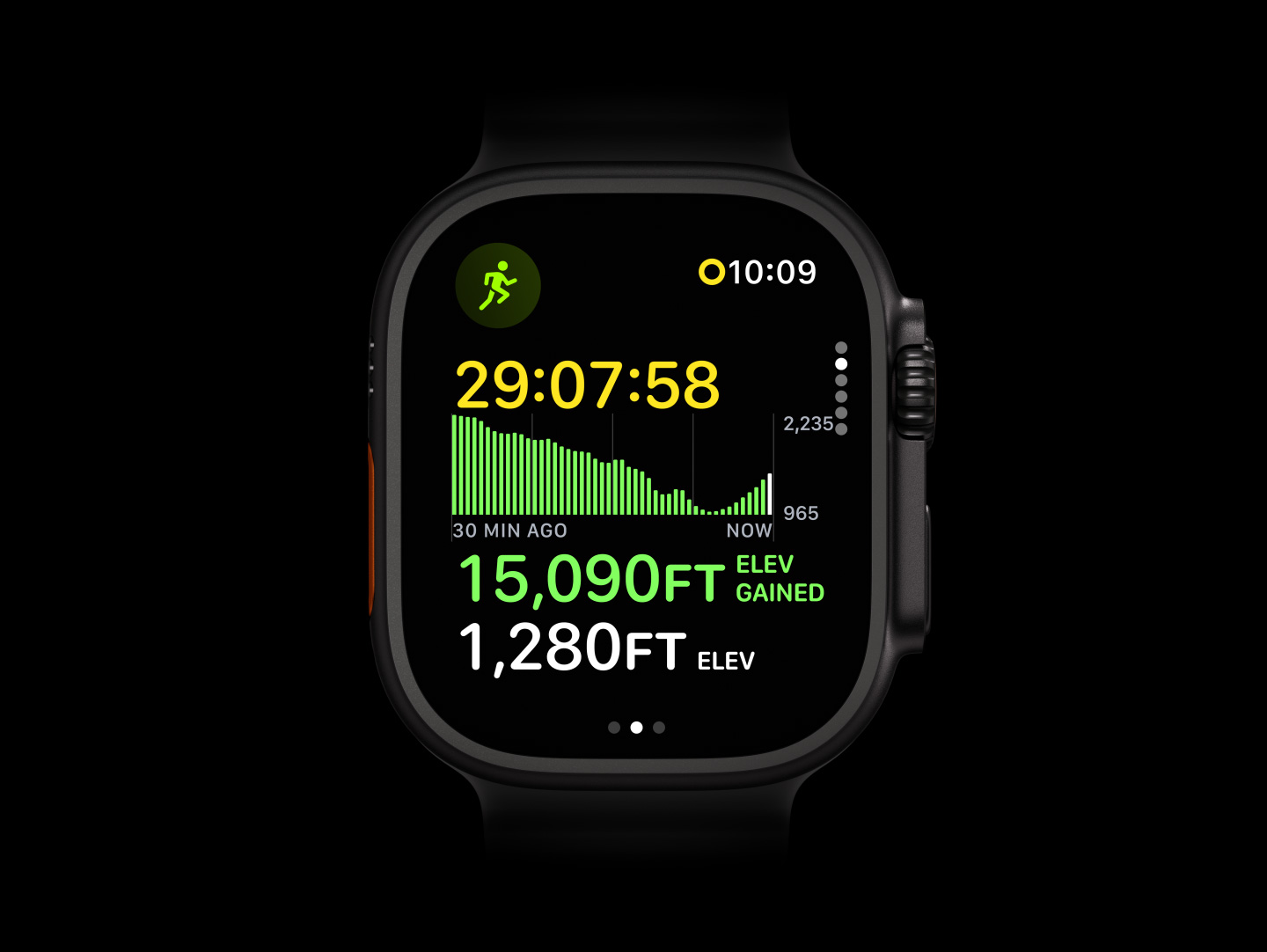 Apple Watch Ultra 4, Titangehäuse, Farbe Schwarz, Outdoor-Lauftraining mit einem Diagramm zu den Höhenmetern, rechte Seitenansicht, Digital Crown, erhöhte Seitentaste, Ocean Armband in Halbtransparentes Grau