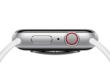 銀色 Apple Watch，展示右側外觀上的側邊按鈕、麥克風孔和數位錶冠