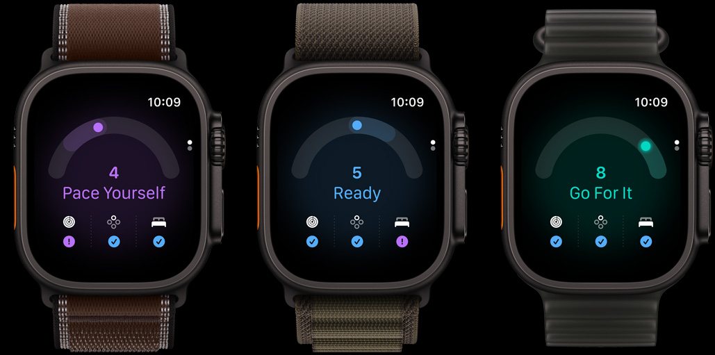 Drei Apple Watch Ultra 4 Geräte: Titangehäuse Schwarz, Tagesformwert 4, Trail Loop Armband in Dunkelumbra, Titangehäuse Schwarz, Tagesformwert 5, Alpine Loop Armband in Dunkeloliv, Titangehäuse Schwarz, Tagesformwert 8, Ocean Armband in Halbtransparentes Grau