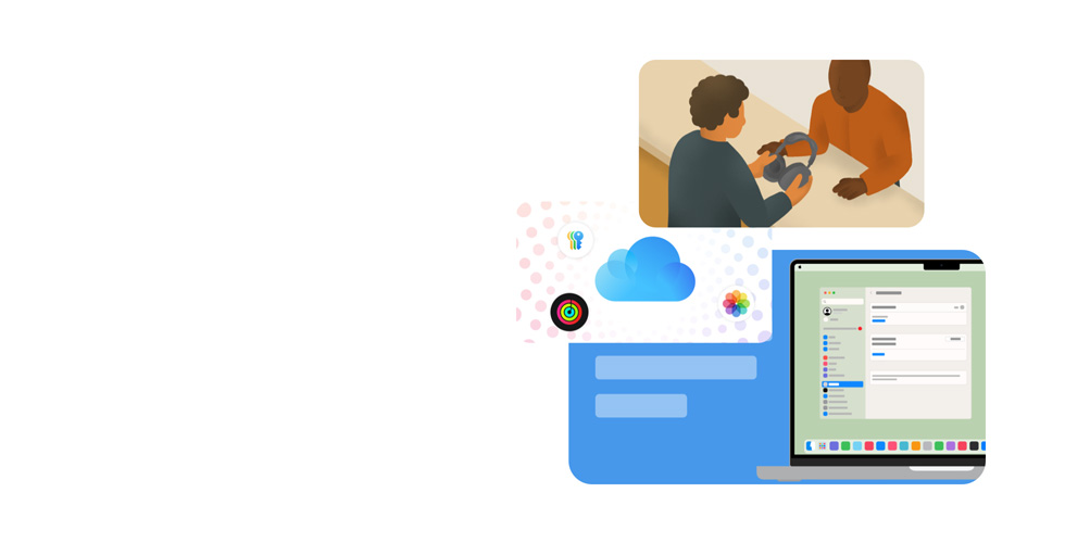A stylized illustration of an Apple expert holding a customer’s headphones. Below them is a drawn MacBook screen showing the System Settings interface, surrounded by illustrated icons representing Passwords, iCloud, Apple Fitness, and Photos.