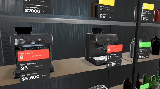 様々な商品が置かれた棚の3Dプロジェクションに、在庫情報がオーバーレイ表示されている