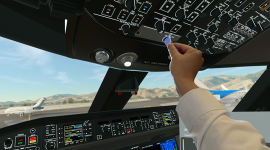 飛行機のコックピットの3Dプロジェクションで、コントロールのつまみを調節している手