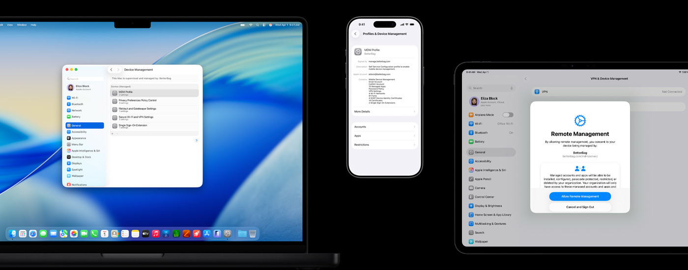A display of three Apple devices: On the left, a Mac computer shows a Device Management window. In the center, an iPhone displays MDM (Mobile Device Management) profile settings. On the right, an iPad presents a Remote Management window.