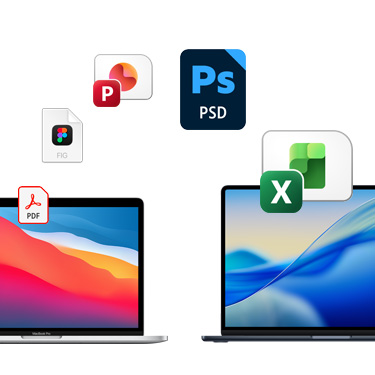 Front view of two side-by-side MacBooks with different colorful desktop backgrounds. File icons are displayed in an arc above the MacBooks. File icons include Acrobat file, Figma file, PowerPoint file, Photoshop file, Excel file.